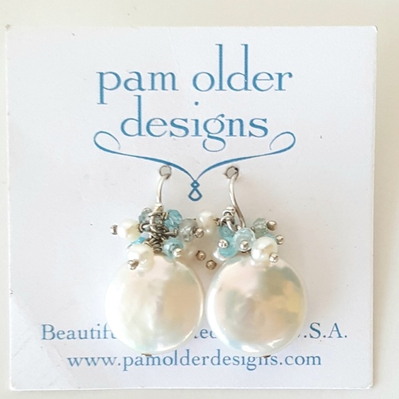 Coin Pearls Small Round Turquoise Beads Dangle Romantic Earrings Hand Made - Picture 2 of 9